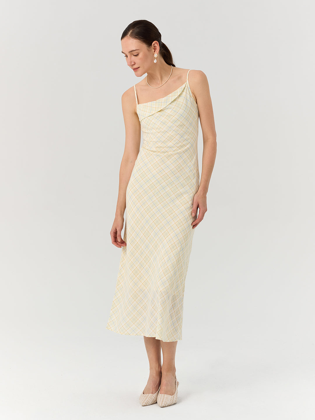 Spaghetti Strap Bubble Gauze Checkered Dress