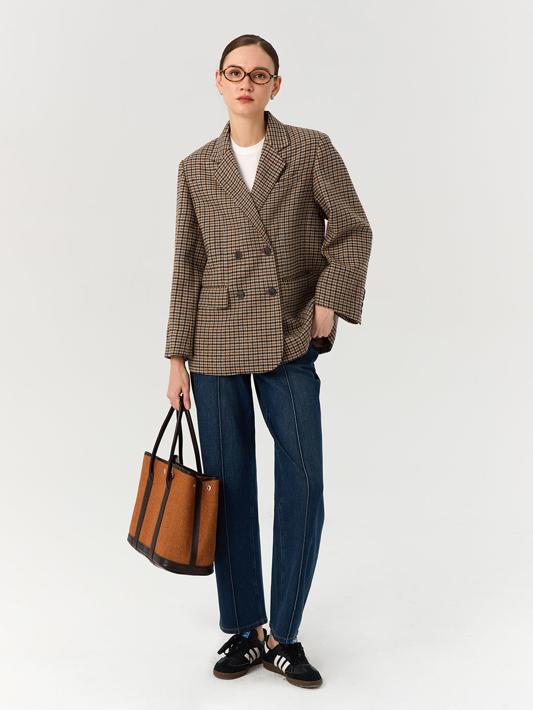 Houndstooth Double-Breasted Casual Blazer